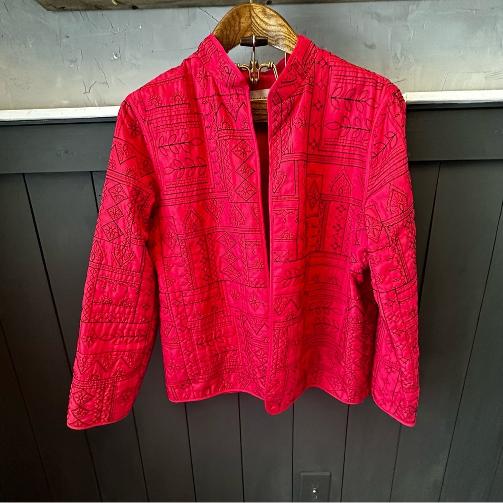 Quilted Embroidered Red Black Open Front‎ Lined Blazer size 14
